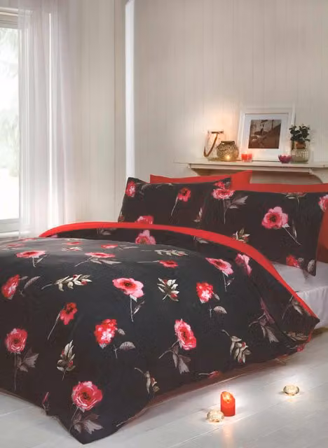Rapport Home Darcy Floral Reversible Linen Duvet Set and Pillowcase in Red and Grey, W/D/H: 200 x 200 cm
