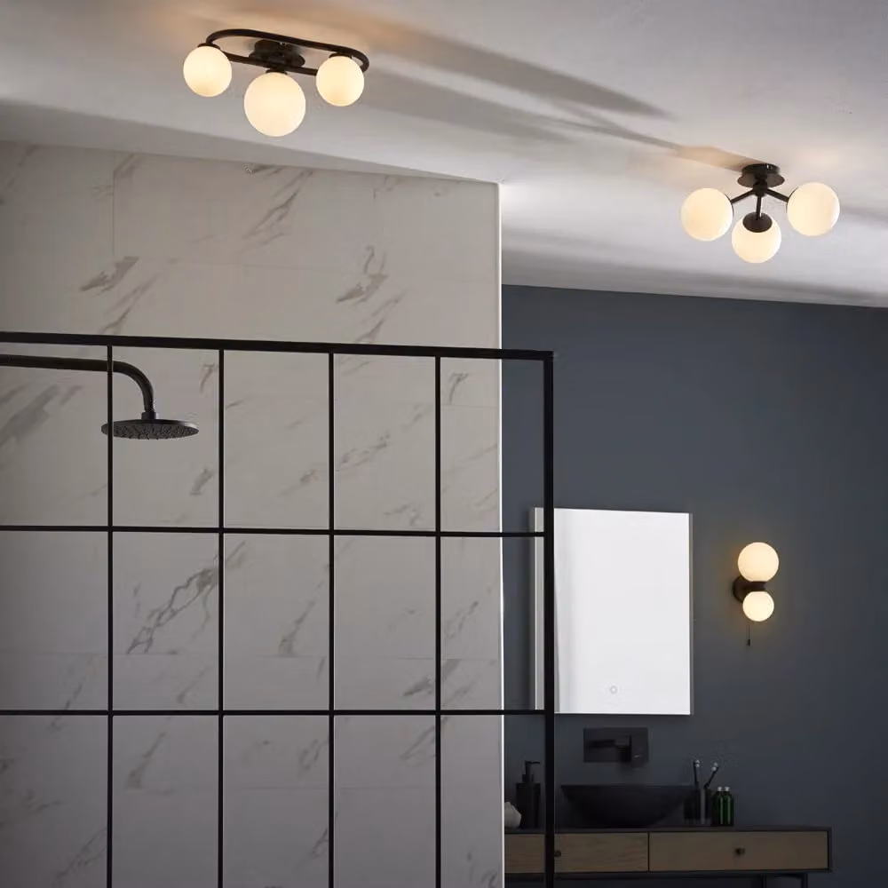 Loops Oval Semi Flush Bathroom Ceiling Light in Matt Black and White Glass – 3