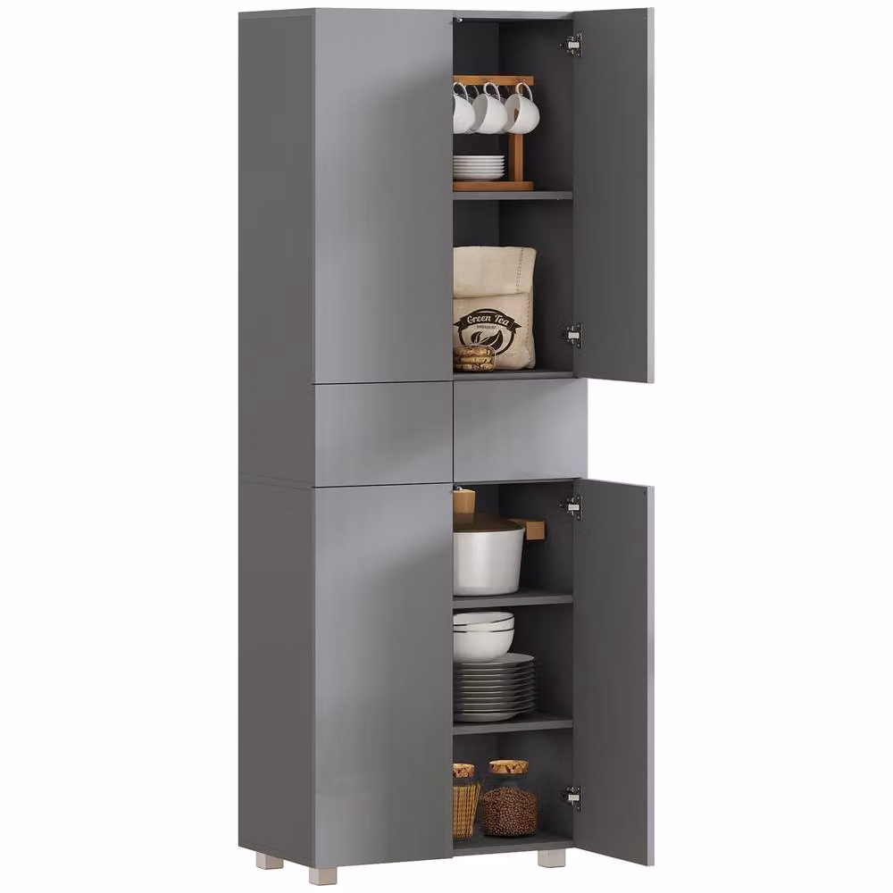 HOMCOM Modern High Gloss Grey Kitchen Cupboard Tall Freestanding Pantry Unit with Hinged Doors and Drawers, W/D/H: 60 x 35 x 170 cm – 2