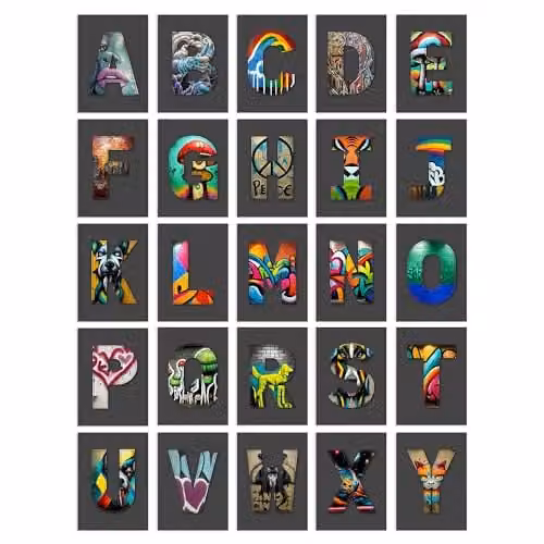 Artery8 Set of 50 Multicolour Street Art Graffiti Aesthetic A-Z Letter Postcards, W: 14.8 cm, H: 10.5 cm – 1