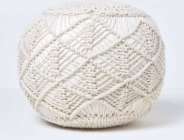 Homescapes Macrame Knitted Cotton Pouffe in Beige and White, W/D/H: 35 x 40 x 35 cm