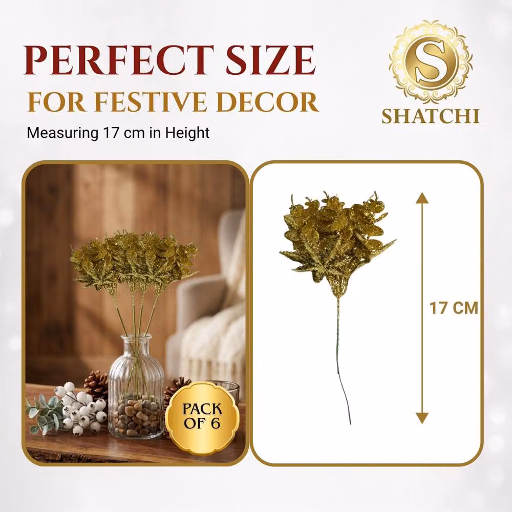Shatchi Gold Glitter Eucalyptus and Maple Leaf Pick, 12 Pack, Height: 17 cm – 3