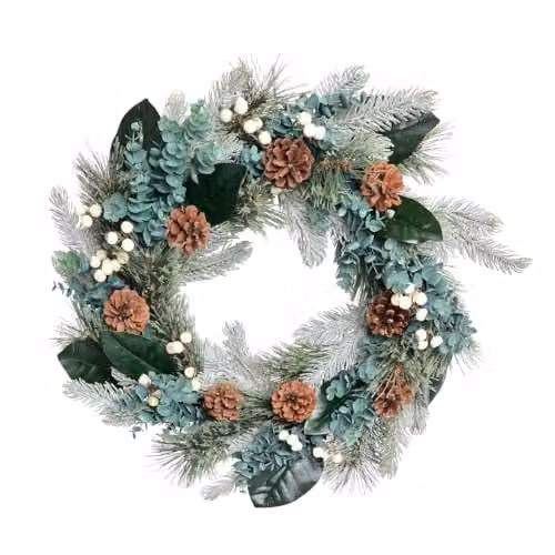 The Christmas Workshop Snowberries Christmas Wreath with Red Baubles, Holly and Eucalyptus, Diameter: 45 cm