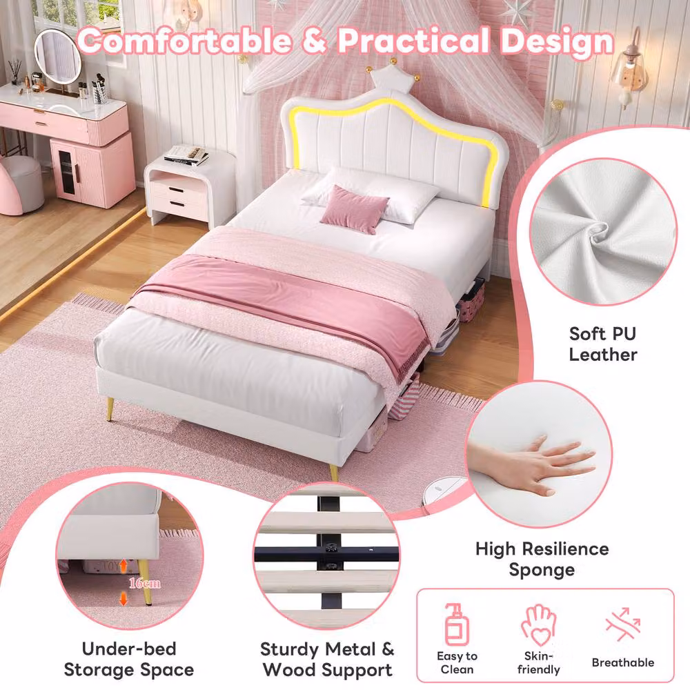 BTM White PU Leather Upholstered Double Bed with Adjustable Crown Shape LED Headboard, W/D/H: 140 x 200 cm – 2