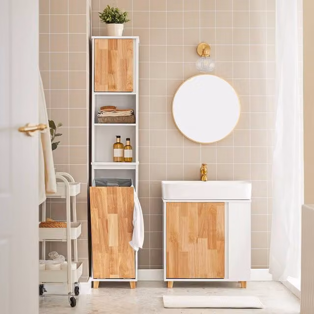 SoBuy Slim Tall Bathroom Cabinet with Fold-Down Laundry Hamper in White and Grey – 1