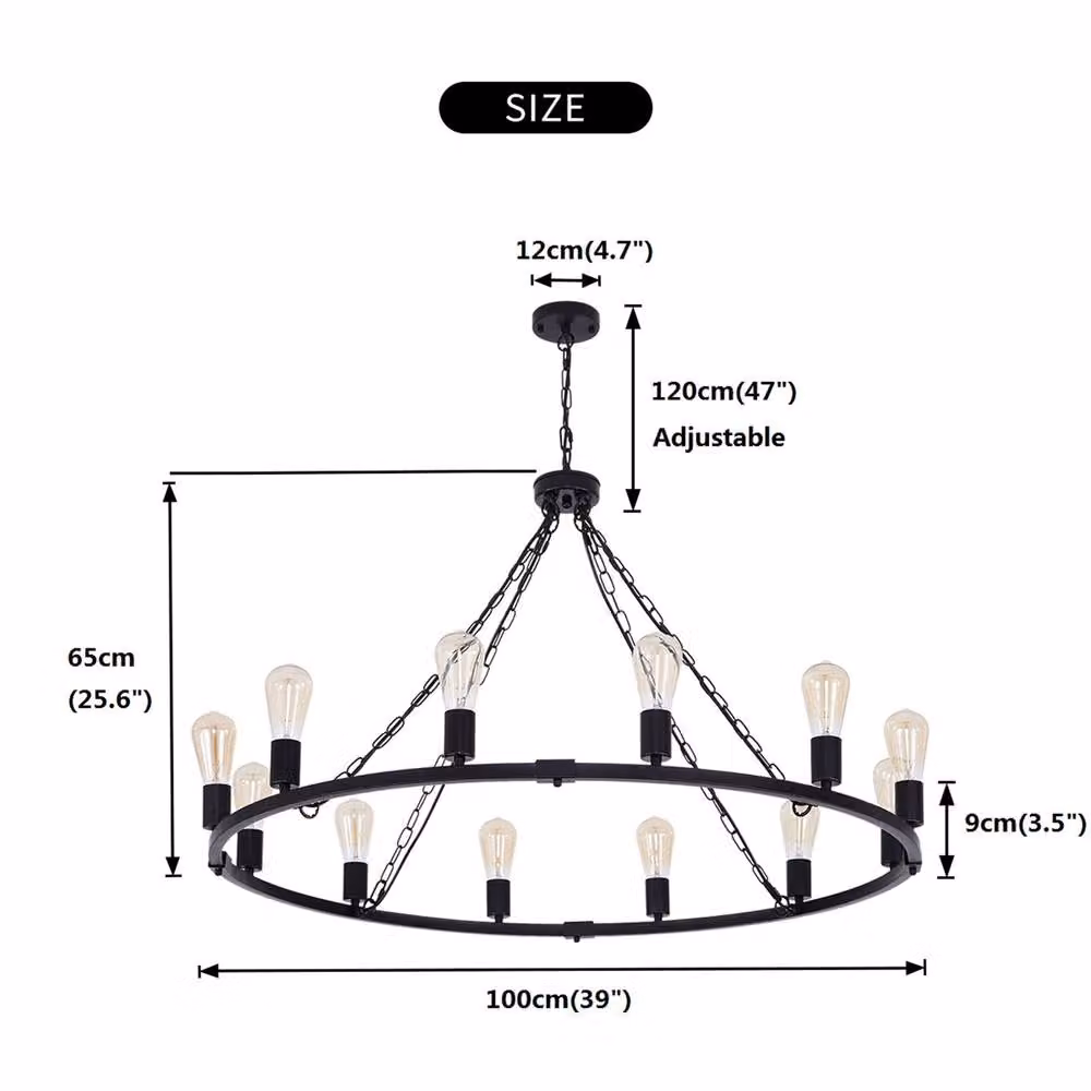 NIVOR Black Waggon Wheel Chandelier, Adjustable 12-Light Modern Metal Pendant for Kitchens, E27 – 2