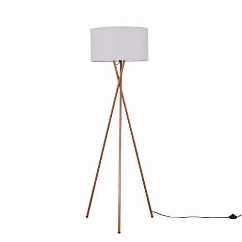 MiniSun Modern Copper Metal Tripod Floor Lamp with Grey Fabric Cylinder Shade