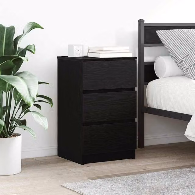 Berkfield Home Set of 2 Black Bedside Cabinets with 3 Drawers, W/D/H: 39 x 35 x 65 cm