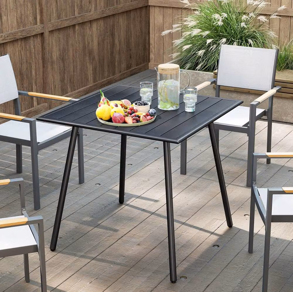STILVORA Black Metal Garden Dining Table with Slatted Top for 4, W: 80 cm, D: 80 cm – 8