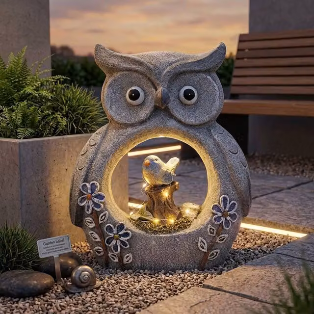 Garden Greatness Lunaria Owl Solar Garden Ornament in Grey and Multicolour Resin, H 28.9 cm x W 23.6 cm x D 11.4 cm