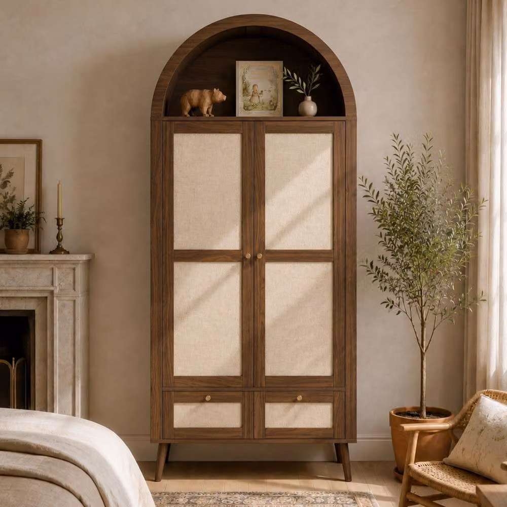 Merax Arched Double Door Wardrobe with 2 Rattan Effect Drawers in Walnut, W/D/H: 80 x 55 x 180 cm – 3