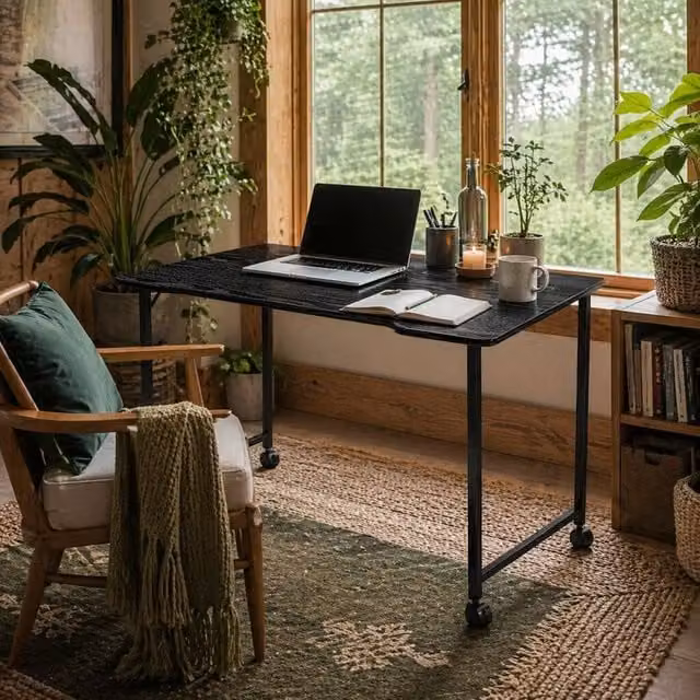 Wyld Haus Schut Black Wood Effect Folding Writing Desk with Lockable Castors W/D/H: 80 x 62 x 75 cm – 1