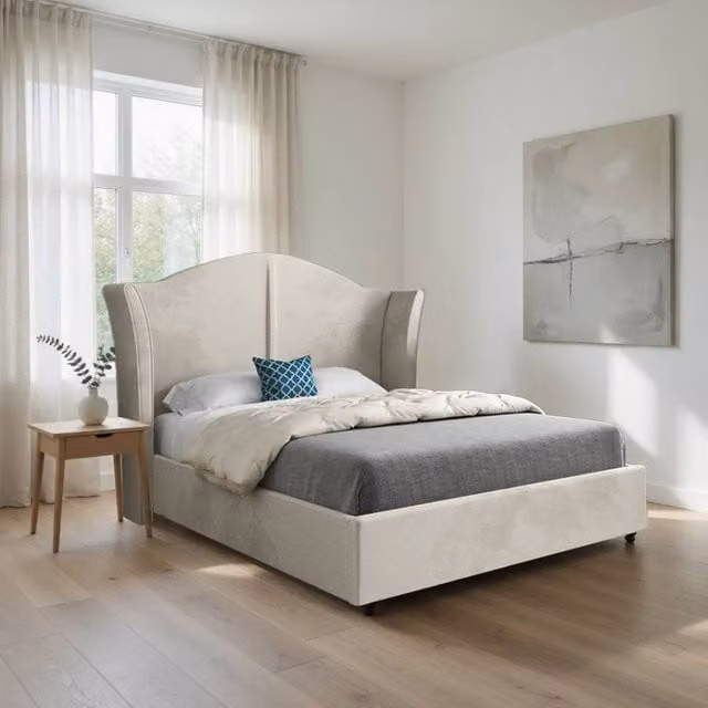 KDMD Wilsden Single Curved Winged Designer Bed Frame in Beige Soft Velvet – 1