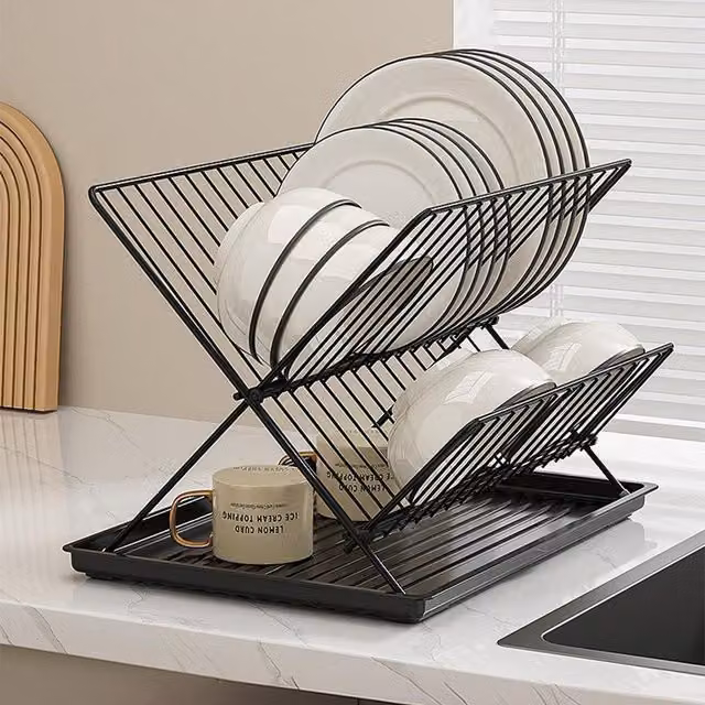 Lifeideas 2 Tier Foldable Countertop Dish Drying Rack with Drip Tray, Black Coated Steel