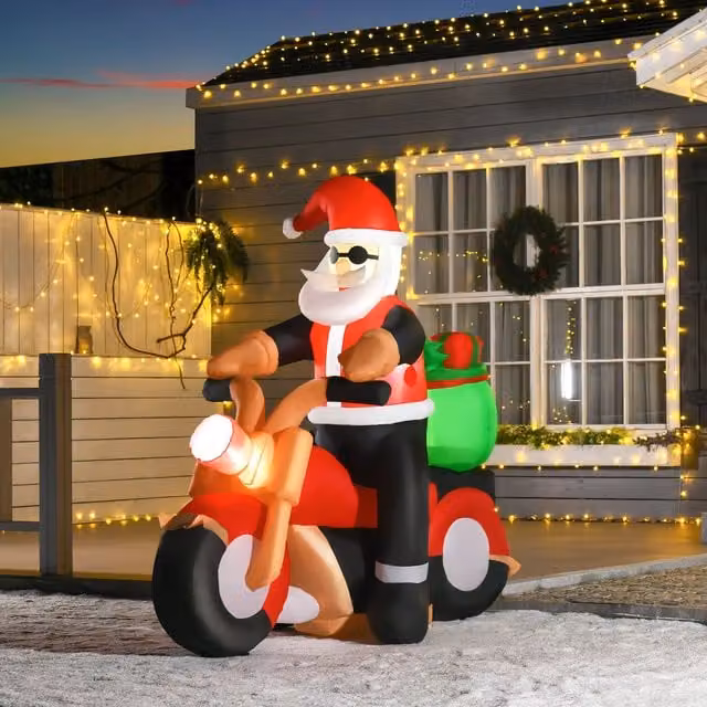 HOMCOM Inflatable Santa Claus Riding Motorcycle Christmas Decoration, Multicolour, Height: 167.64 cm