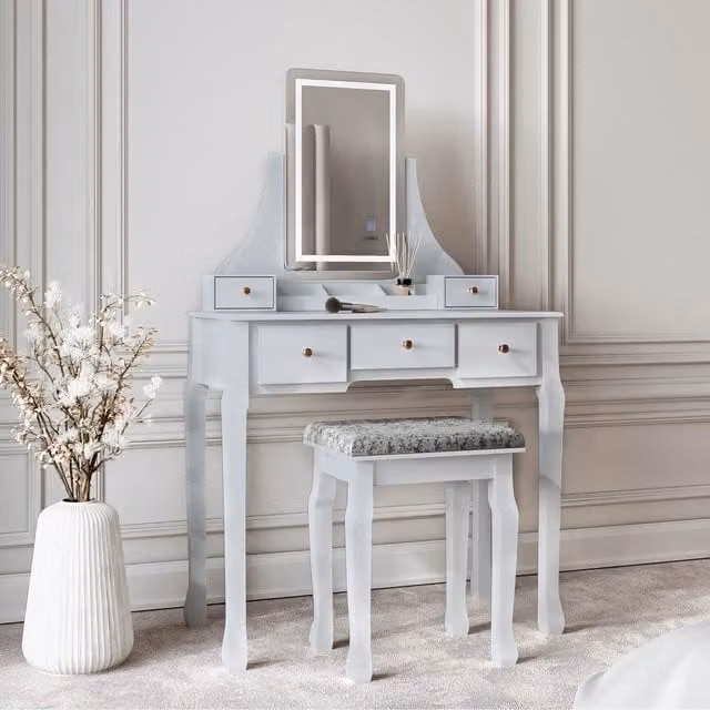 Carme Home Savannah Dressing Table with Touch Sensor LED Mirror in Grey and Gold