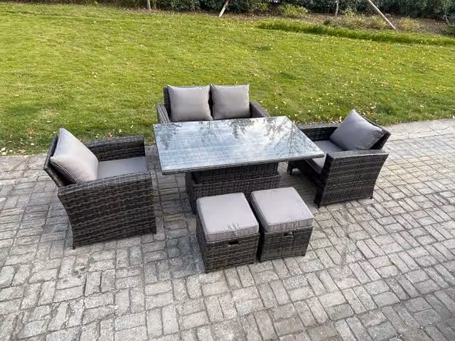 Fimous 6 Seater Rattan Outdoor Garden Dining Set with Rising Lifting Table in Dark Grey
