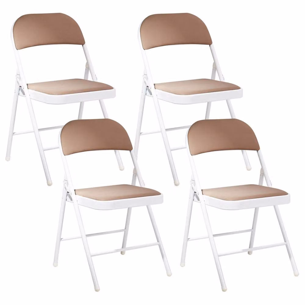 Wyld and Coco 4-Pack of Beige Folding Chairs with Padded Fabric Seats and White Metal Frames – 2