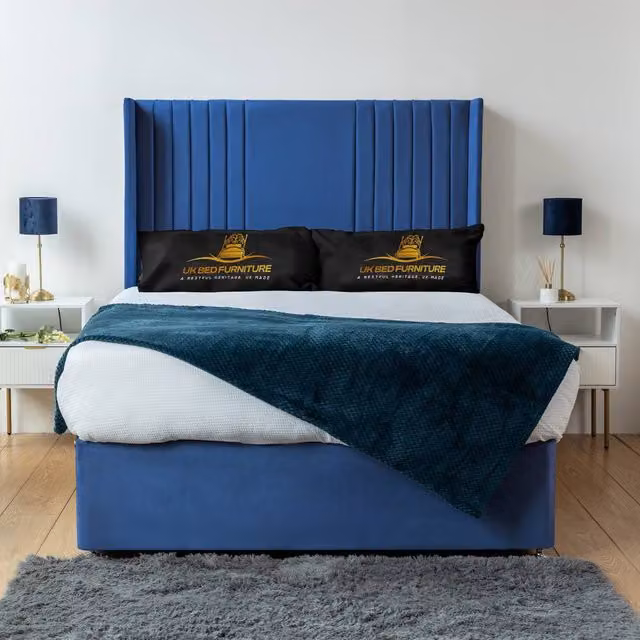 UK Bed Furniture Skyline Wingback Divan Bed Base with 54 Inch Headboard in Blue Velvet, W/D/H: 180 x 200 cm