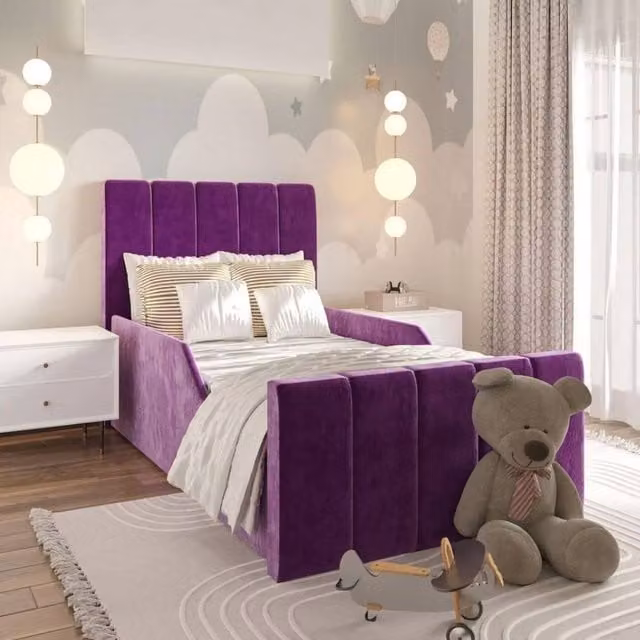 Stratus Interiors Leo Childrens Single Bed Frame with Purple Velvet Upholstered Panel Design