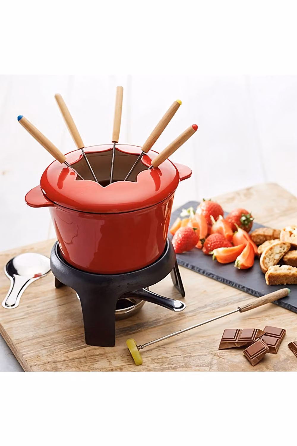 Living and Home Enamel Cast Iron Fondue Set with Forks and Burner in Red – 2