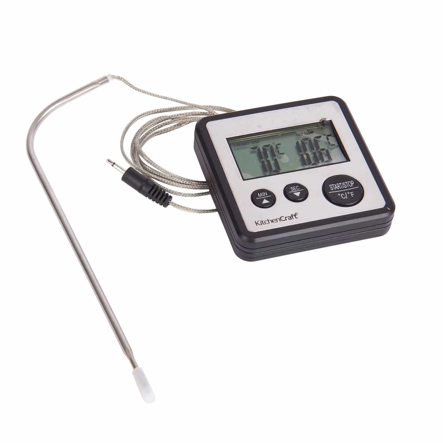 KitchenCraft Digital Food Thermometer and Kitchen Timer with Probe in Silver or Black, W/D/H: 8 x 8 x 2 cm – 7