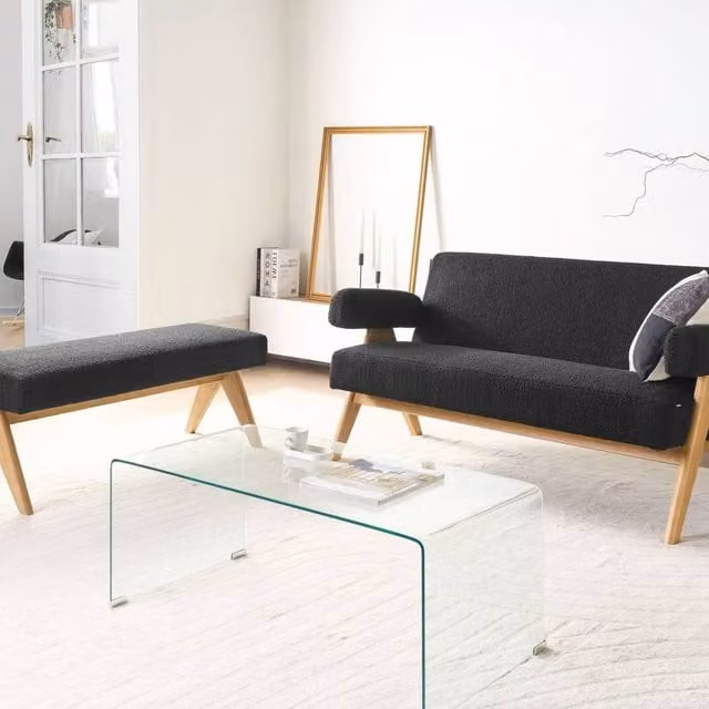Wyld and Coco Bouclé 2-Seater Sofa in Black and Brown with Rubberwood Frame