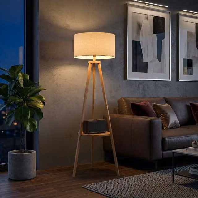 HOMCOM Modern Tripod Floor Lamp with Fabric Cylinder Shade and Wood Storage Shelf in Beige – 2