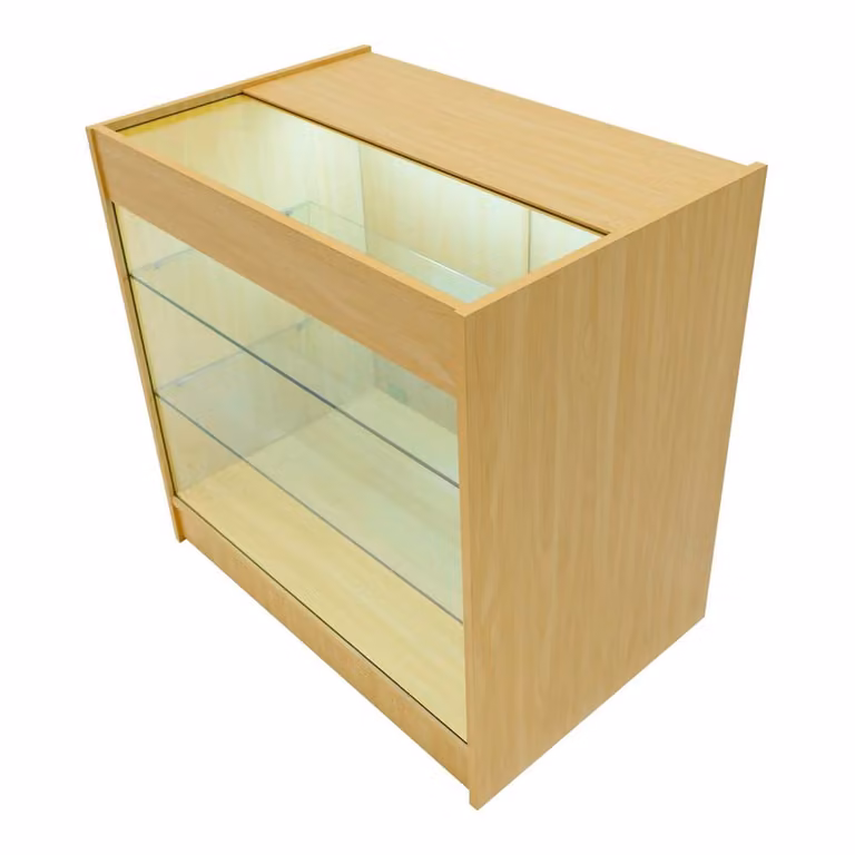 Monstershop Vega LED Shop Counter Set in Maple and Beige with Glass Display Showcase and Lockable Sliding Doors