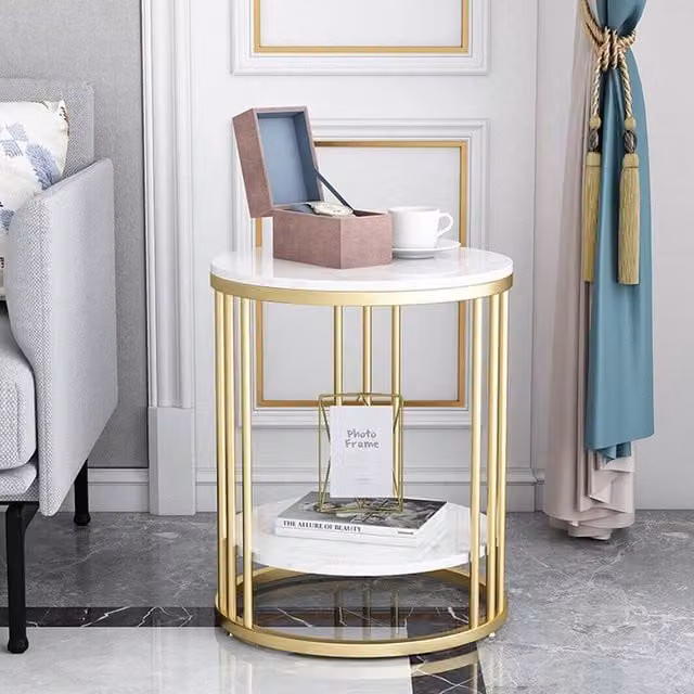 EONLION 2-Tier White Marble and Gold Side Table