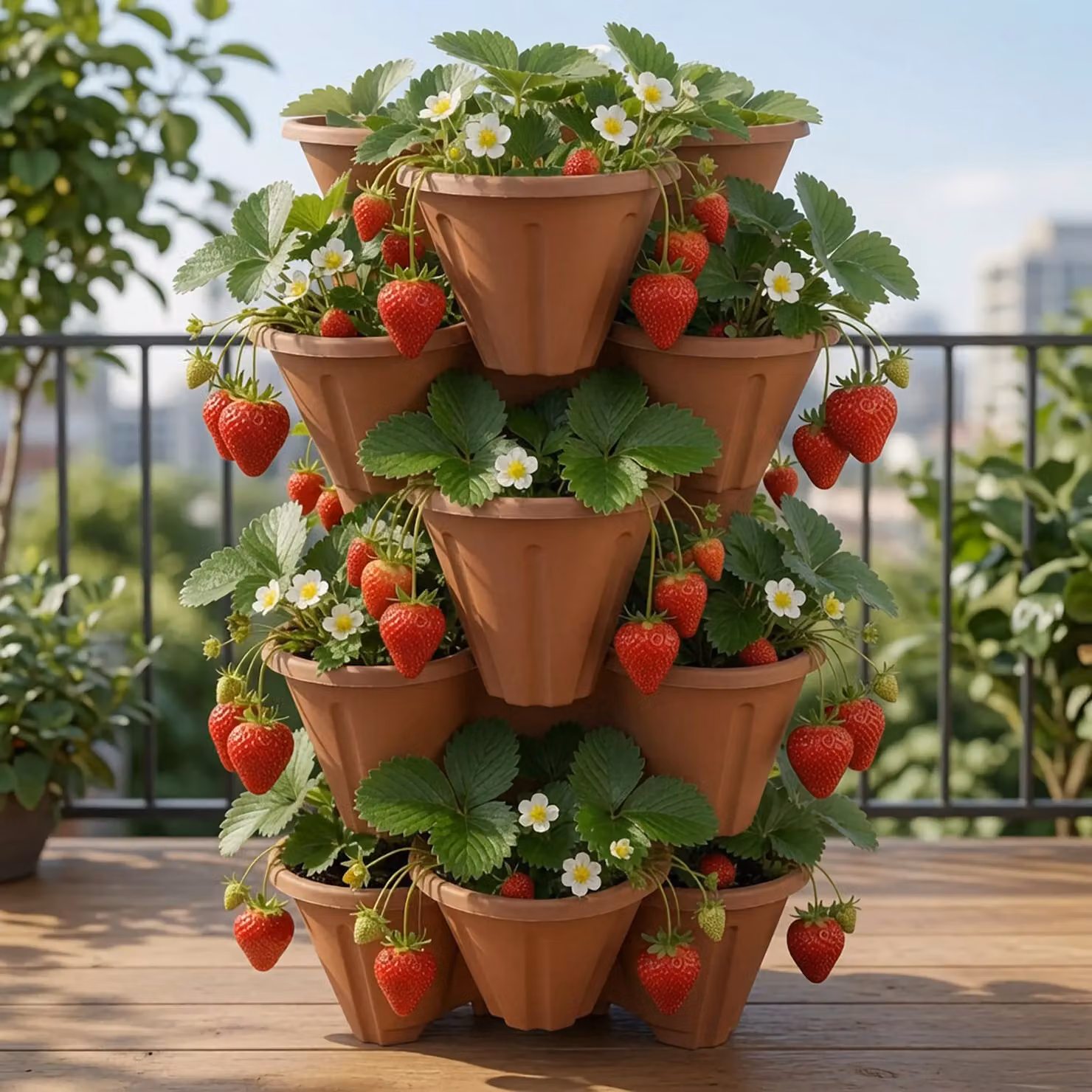 Simpa Stackable Tri-Pot Plastic Strawberry Planters, 6 Piece, Brown – 3
