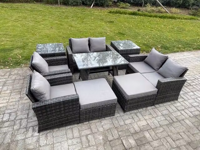 Fimous 9 Piece Wicker Rattan Garden Furniture Set with 2 Large Footstools in Dark Grey – 1