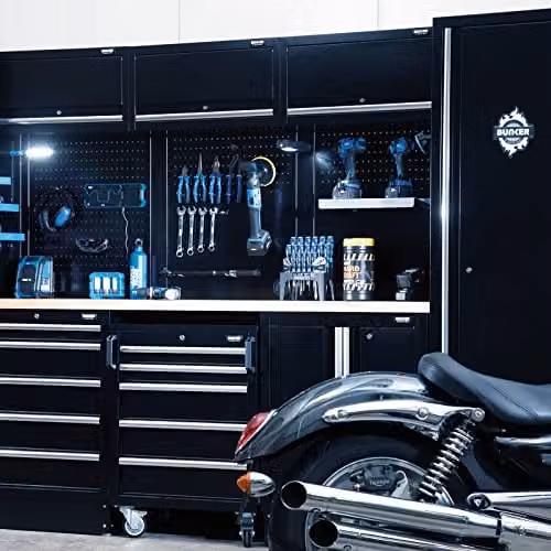 Draper BUNKER 04398 Modular Storage Combo with Hardwood Worktop, 16 Piece, Black Steel and Wood Floor Standing Unit with Doors and Pegboard