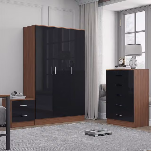 REFLECT Bedroom Furniture Bundle including 3-Door Plain Wardrobe, Chest of Drawers and Bedside Table in Black Gloss and Matt Walnut