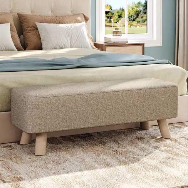 Komore Rectangular Beige Fabric Footstool with Pine Wood Legs