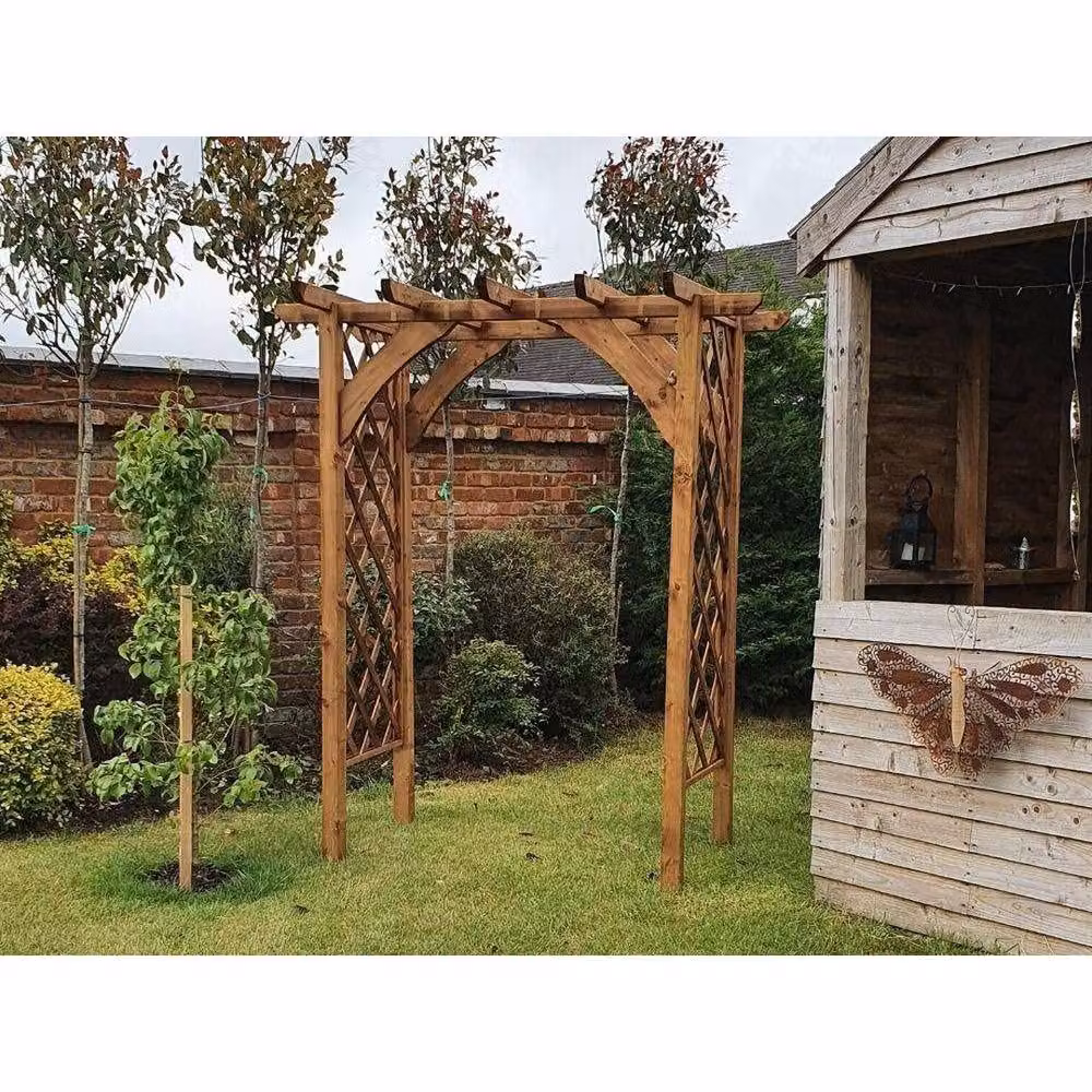 Dunster House Wooden Corner Pergola Arch with Trellis Lattice in Brown, H 180 cm x W 135 cm x D 48 cm – 9