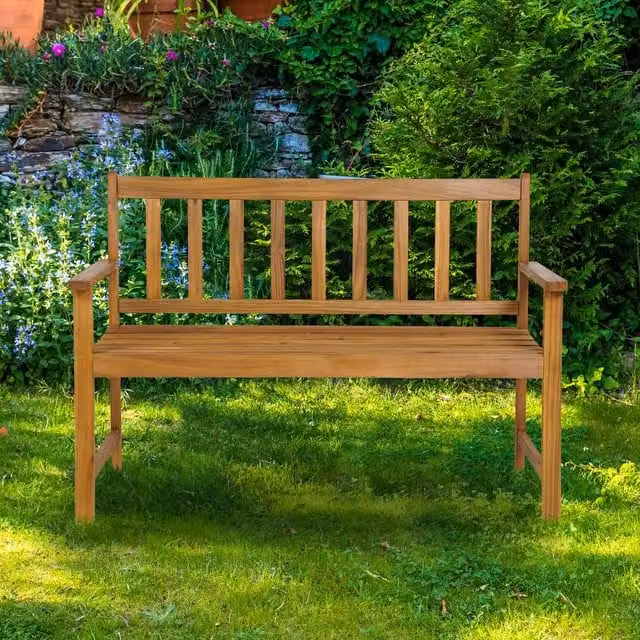 Costway 2-Person Outdoor Acacia Wood Garden Bench with Armrests in Natural Brown