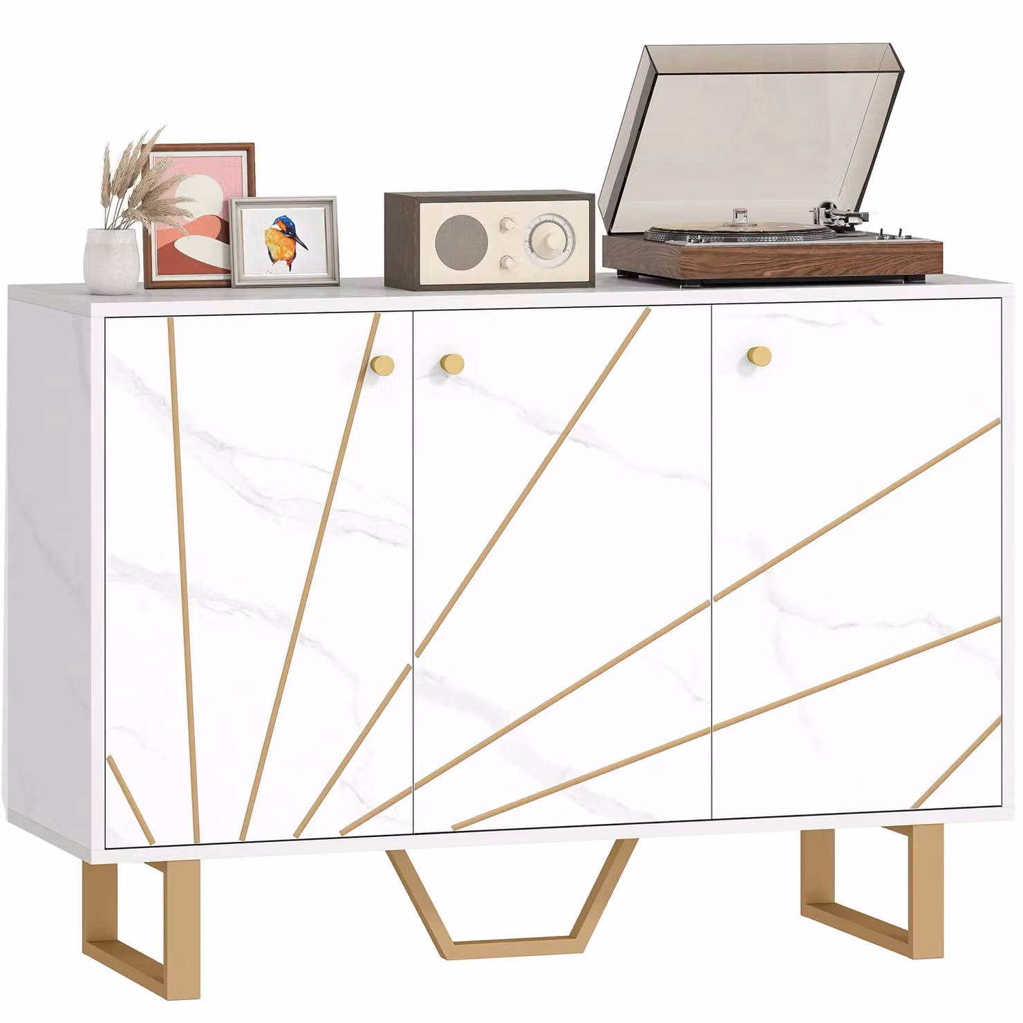 HOMCOM White and Gold Sideboard Storage Cupboard with Metal Legs for your Living Room or Kitchen – 2