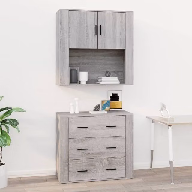 Berkfield Home Grey Sonoma Wall Cabinet with Hinged Doors and Open Shelf, W/D/H: 80 x 33 x 80 cm