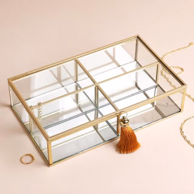 Lisa Angel Large Glass and Metal Jewellery Box with Lid in Gold and Orange