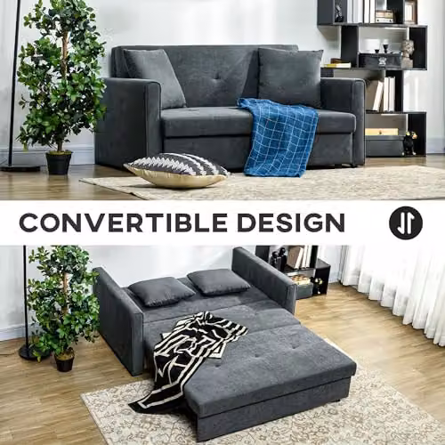 HOMCOM 2 Seater Modern Snow Flannel Sofa Bed with Hidden Storage and Pull Out Drawer, Dark Grey – 4