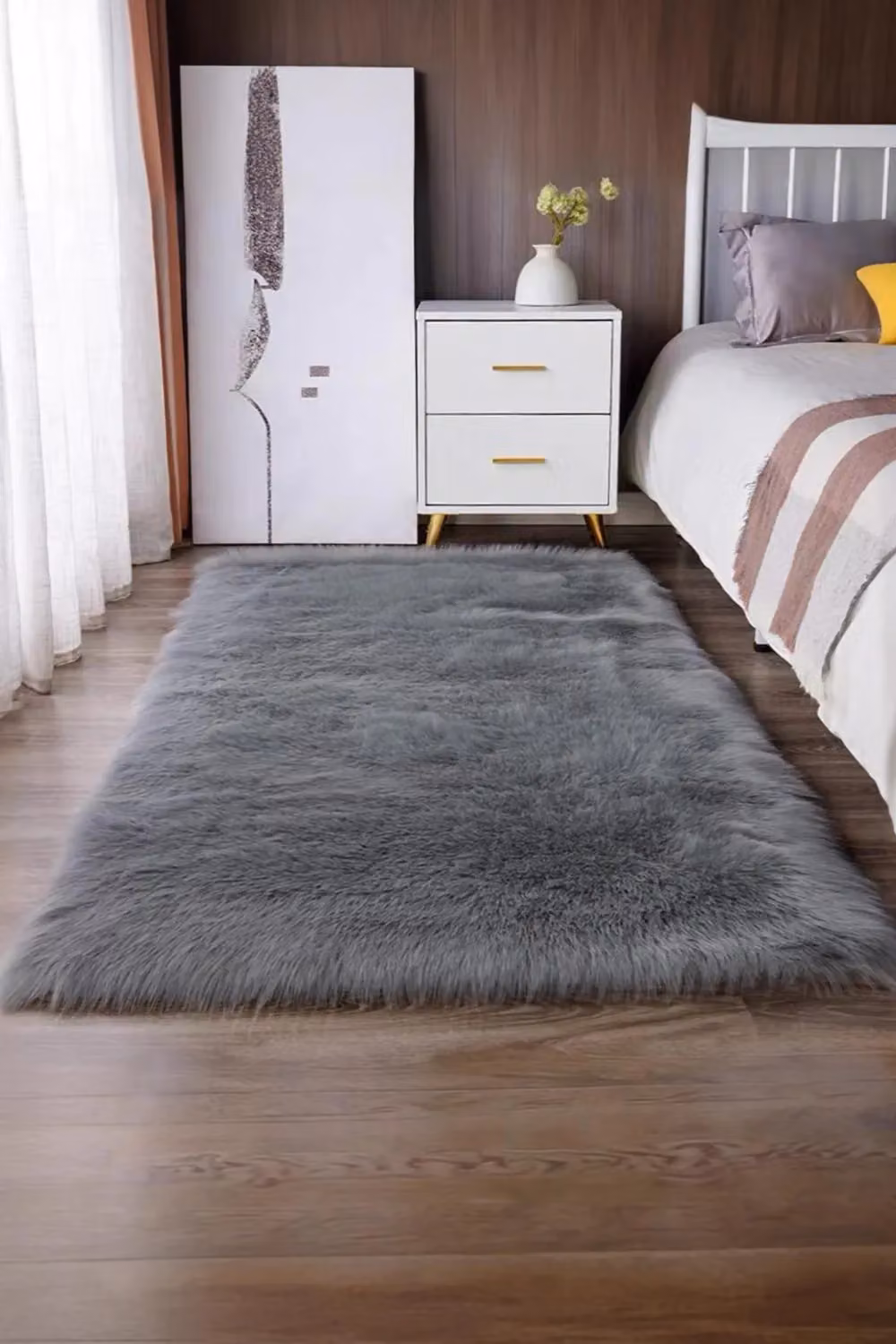 Living and Home Grey Soft Shaggy Area Rug, Washable Thick Pile Faux Fur Rug, W: 100 cm, L: 180 cm – 2