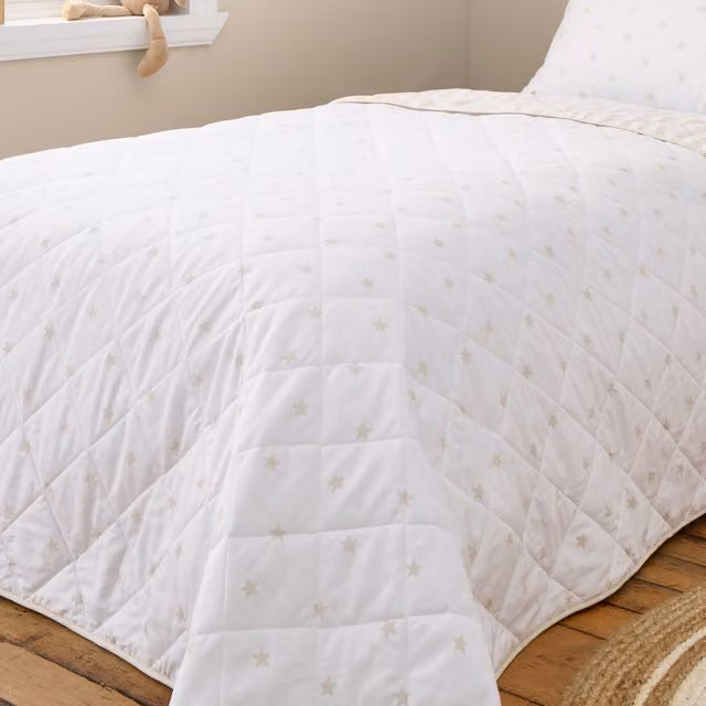 Bianca Mini Star and Stripes Reversible Cotton Bedspread in Beige and White, W x D: 200 x 200 cm