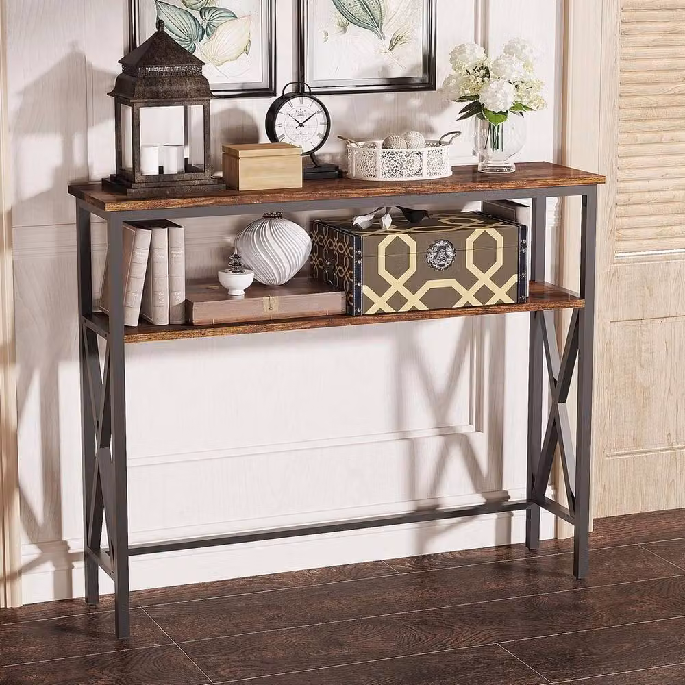 FORGEVIO Industrial Console Table with Height Adjustable X-Frame in Brown and Multicolour – 3