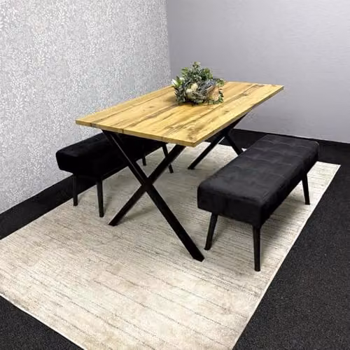 KOSY KOALA Wooden Dining Table and 2 Black Velvet Padded Benches Set
