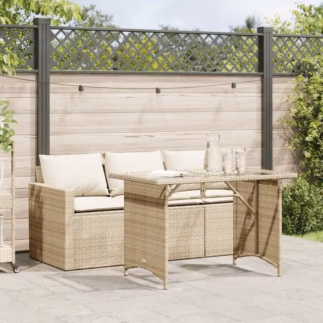 Berkfield Home 2 Piece Modern Garden Dining Set with Beige Cushions and Glass Top Poly Rattan Table