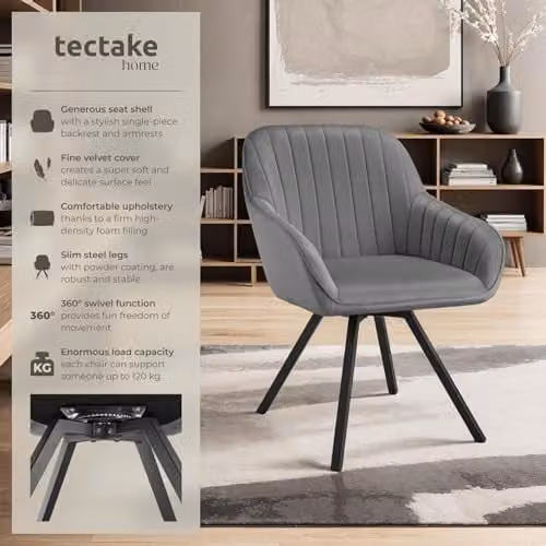 tectake Set of 4 Grey Velvet Dining Chairs with Slim Steel Legs and 360 Degree Swivel H x W x D: 82 x 58 x 58 cm – 4