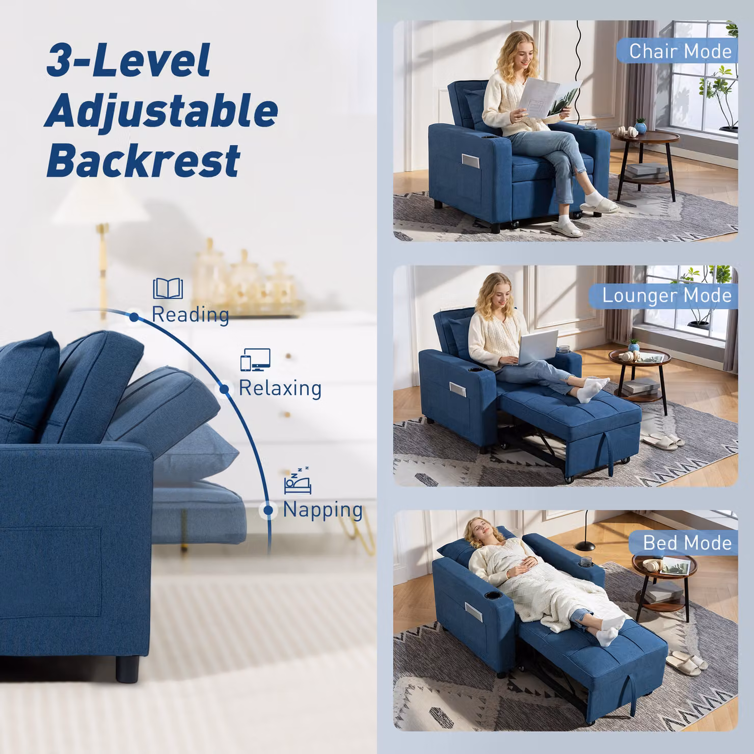 HOMCOM 3-in-1 Convertible Single Sofa Bed with Armrests in Blue – 5