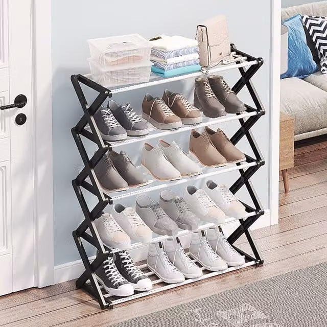 Livingandhome Foldable Metal Multi-Tier Shoe Rack in Black, Width: 70.2 cm