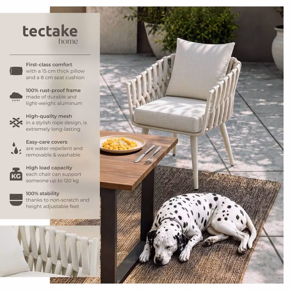 tectake Lugano 2 Seater Aluminium Garden Chair Set in Beige with Armrests and Cushions – 2